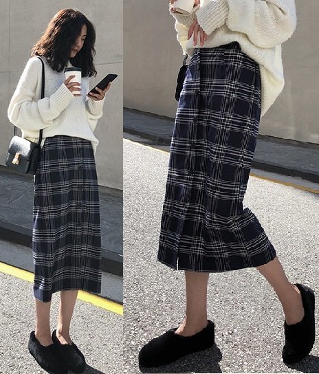 PYD1755★ カジュタン 付 ロングアル♪ ポケット 付 チ前 ボ スカェック 入 ート 紺 ネイビ 柄 スリットー拍卖