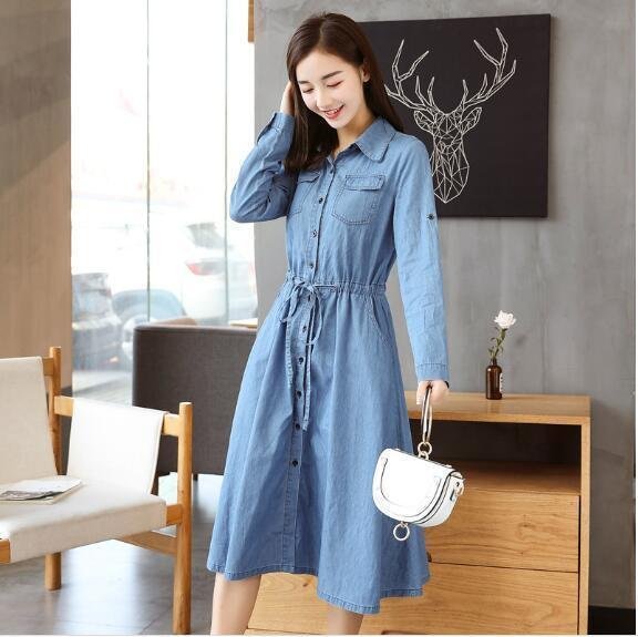 cjx1189★【新作/夏秋】大きいサイズ レディース ワンピース 森系ガーリー 長袖 デニムシャツワンピース 無地 Aライン ライトブルー XL拍卖