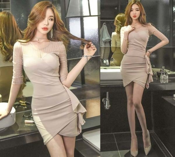 cjx1205★新品 ワンピース 五分袖 ミニ ベージュ エロかわ シースルー フリル ボディコン タイト セクシードレス キャバ嬢 衣装 拍卖