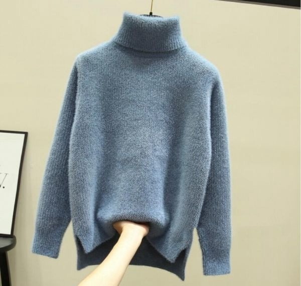 cjx1467★新品ニットセーター ニット 秋冬 ゆったり ハイネック オシャレ スリット トップス ブルー フリーサイズ拍卖