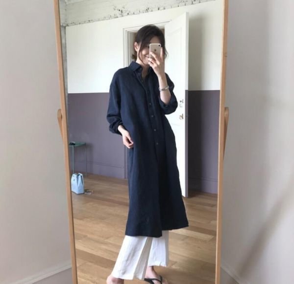 cjx1185★ロングワンピース 新作 レディース ナチュラル 無地 ゆったり 長袖 コットン ロングシャツ チュニック ネイビー S~XL 拍卖