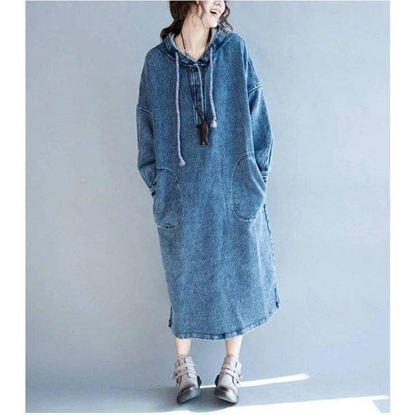cjx1182★ 大人可愛い デニムワンピース レディース 40代 長袖ワンピース カジュアル ミモレ丈 ゆったり パーカー パーカー ブルーオシャ拍卖