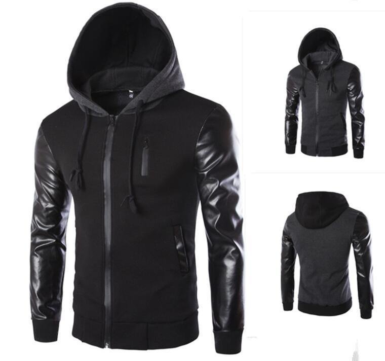 LHK2281★メンズ レザージャケット ライダースジャケット バイクウエア パーカー 切り替え ニット フード付き拍卖