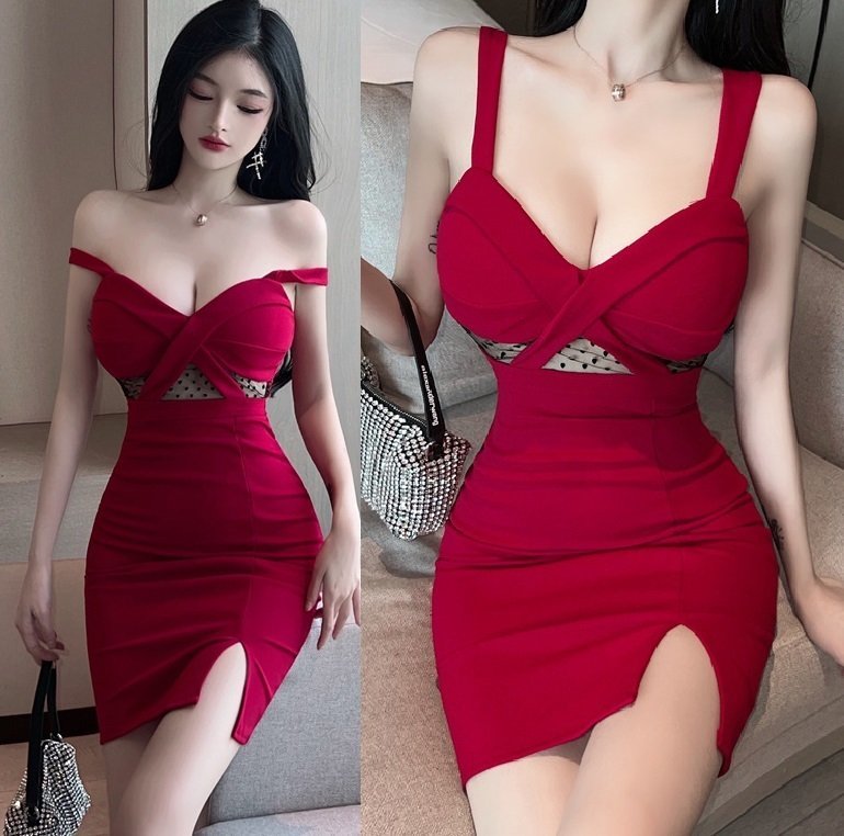 PYD1830★良質 と タイト ワンピース 赤 ボろみ素材 クロス切替ルドデザイン スリット 入 総柄 シースルー ー 結婚式 ドレス パーティ拍卖