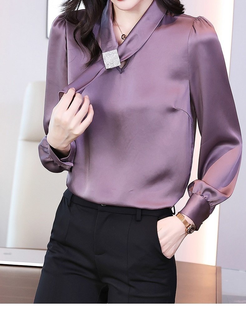 cjx1328★春新作 レディース エレガントオフィス 通勤 つるつる サテン 長袖 ブラウスシャツ 紫 S~XXLサイズ 拍卖