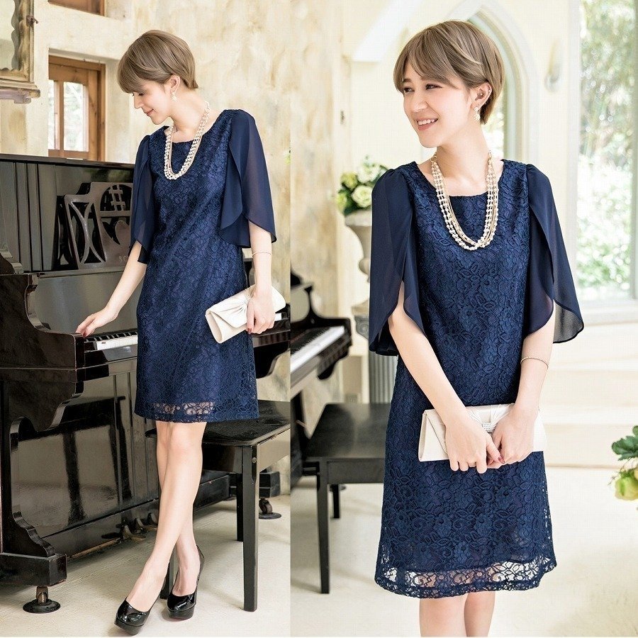 cjx1238★レディース パーティー 結婚式 披露宴 二次会 上品 シフォン レース切替 ドレス ワンピース ネイビー拍卖