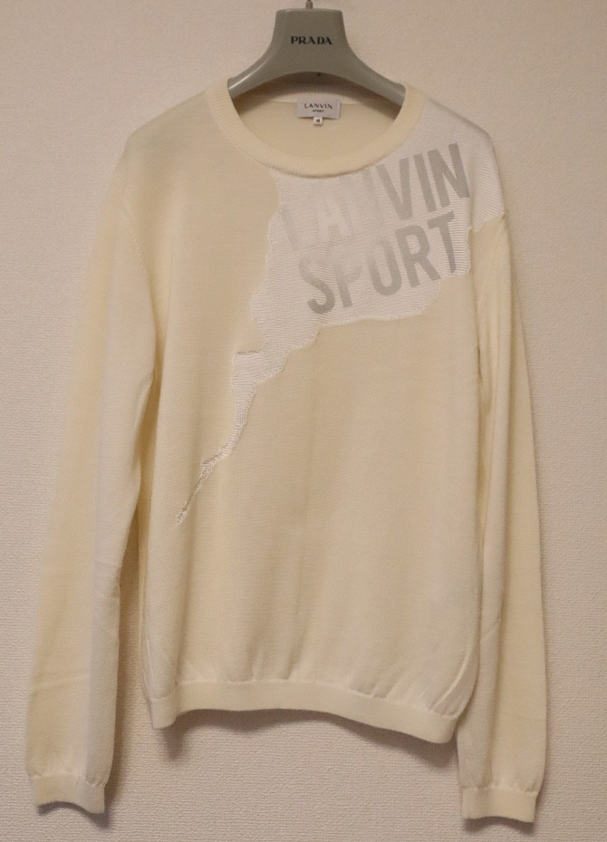 日本製!美品 ランバン LANVIN sport 大き目ロゴ入り長袖ニットセーター 40 デサント オフホワイト拍卖