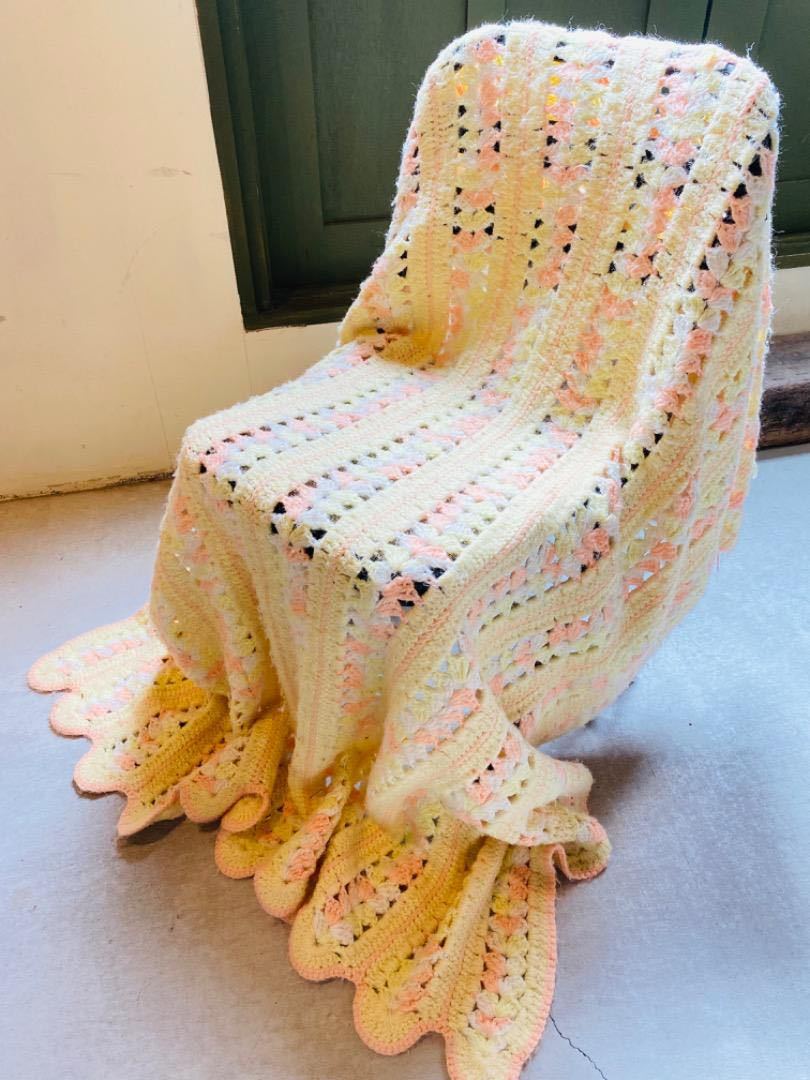 【1970s USA vintage】グラニーブランケット パステルカラー イエロー×オレンジ拍卖