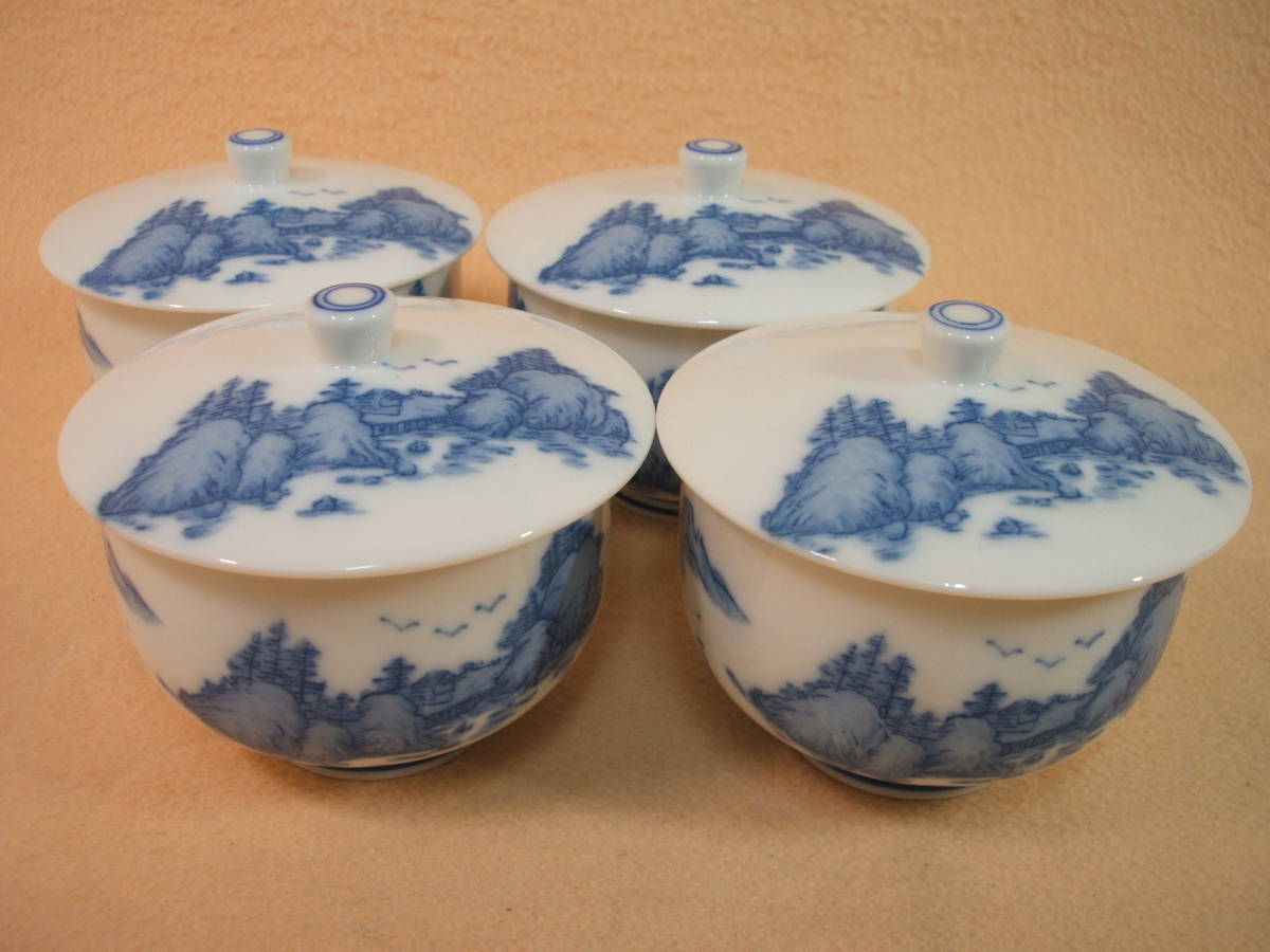 白磁 蓋付湯呑 「山水・いかだ流し」 4個 未使用 日本製 来客用 湯呑 汲出し 中サイズ 小舟 筏下り 筏流し 内絵 来賓 お坊さん 慶弔兼用拍卖