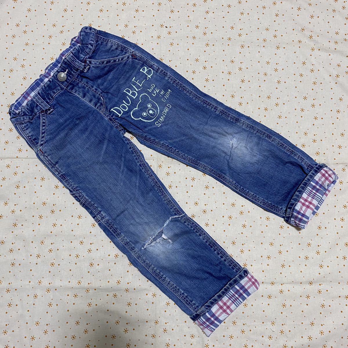 送料無料! ミキハウス ダブルB ジーンズ 110 120 ☆ 折り返し チェック拍卖