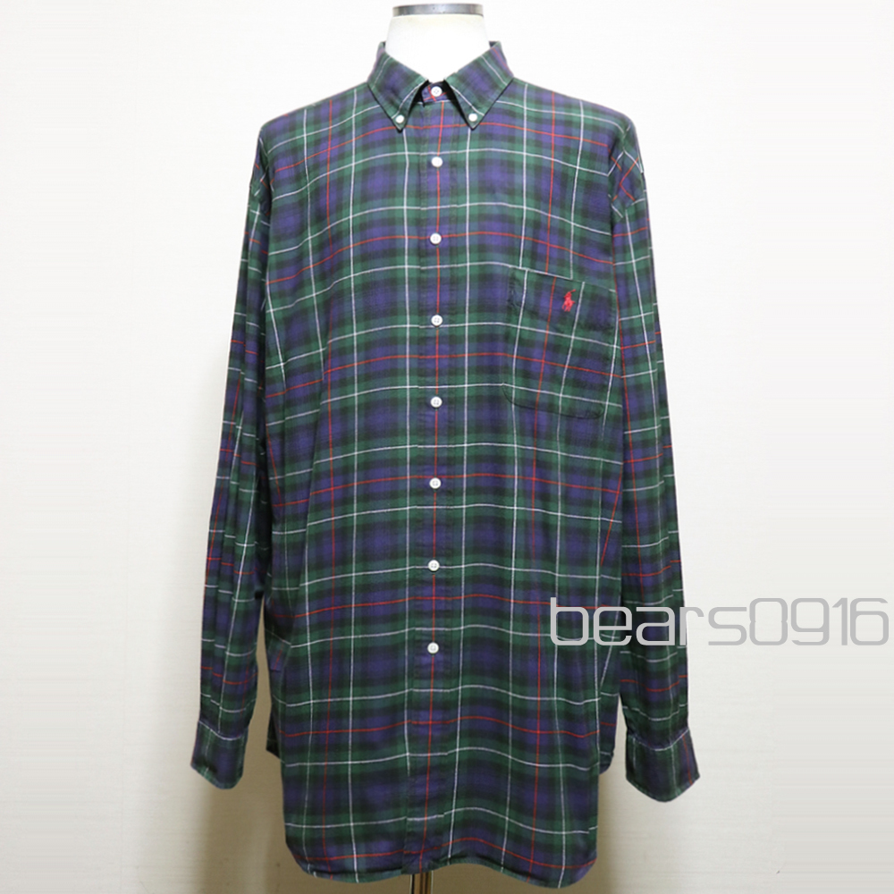 アメリカ購入品 美品 POLO RALPH LAUREN ポロ ラルフローレン ブレイク 超ビックサイズ ボタンダウンシャツ ライトネルチェック紺緑赤格XLT拍卖