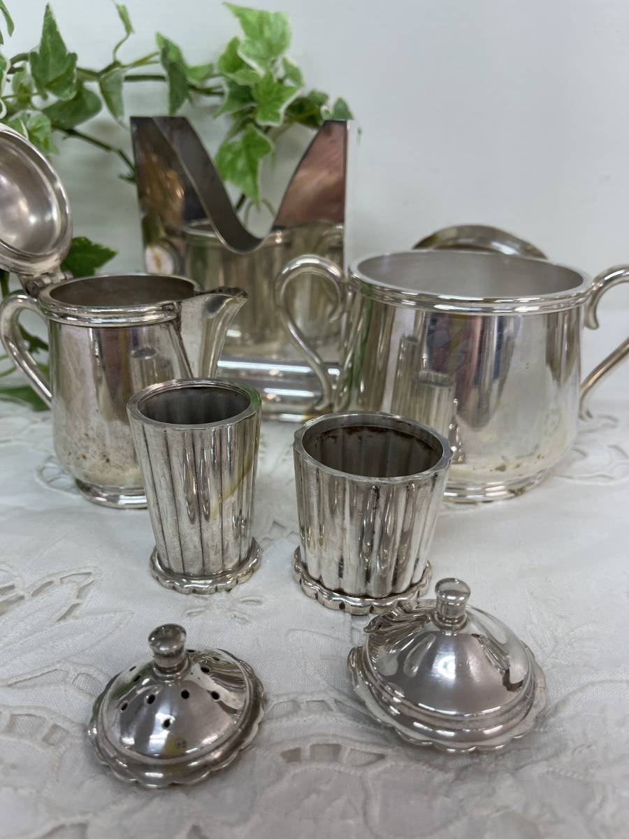 【洋白銀】(5点セット) テーブルマナー / クリーマー / シュガーポット / 調味料入れ / ナプキンスタンド ■A-1557拍卖