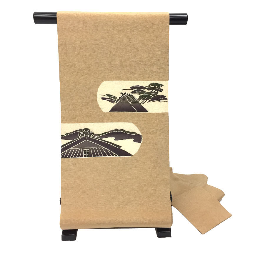 セール 京やK185 正絹 名古屋帯 九寸名古屋仕立て ちりめん 縮緬地 茶屋辻 家屋 風景文様 仕立て上がり リサイクル着物 未使用 新古品拍卖