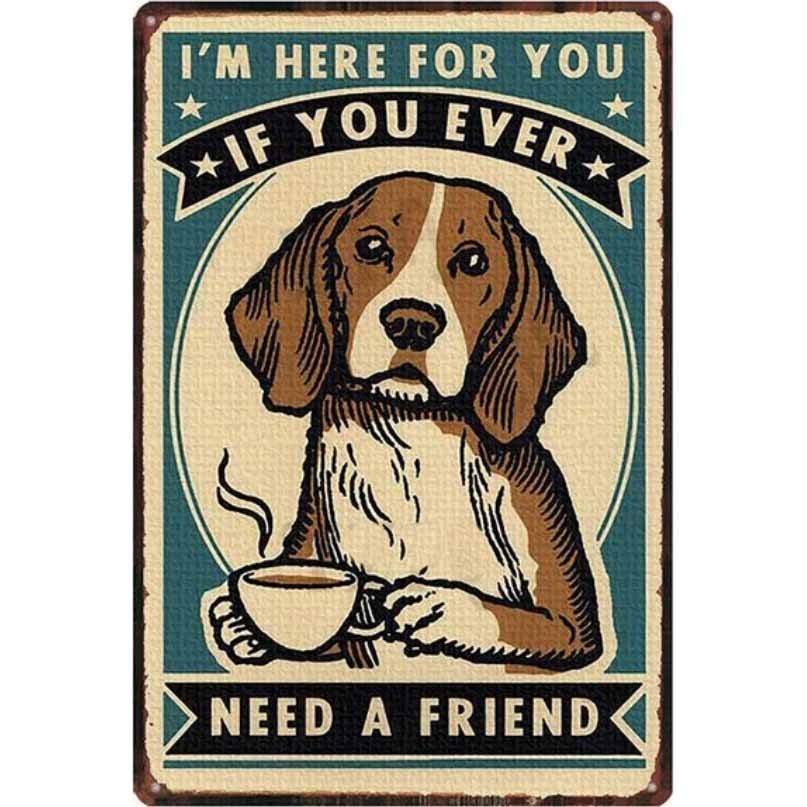 A3281 メタル サイン ブリキ 看板 金属 製 プレート アート パネル 店 動物 ペット 犬 絵 ビーグル カフェ コーヒー【7109拍卖