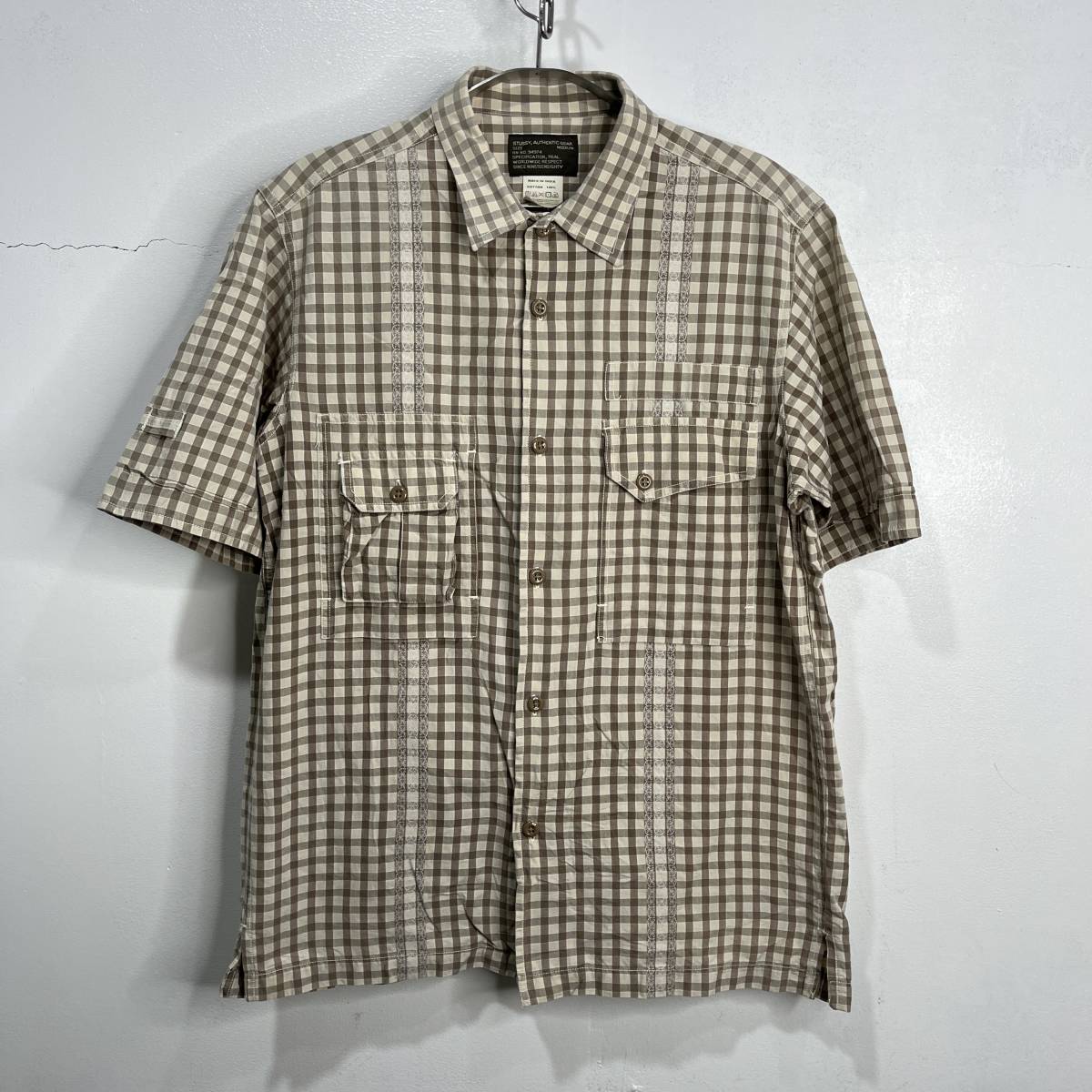 ☆送料無料☆Stussy☆ステューシー☆半袖チェックシャツ☆ジャガードレース☆マチポケット☆ベージュ系☆j22拍卖