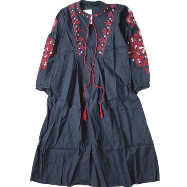 新品 no brand ノーブランド 刺繍デザイン シャツワンピース M ネイビー チュニック ロング トップス h082拍卖