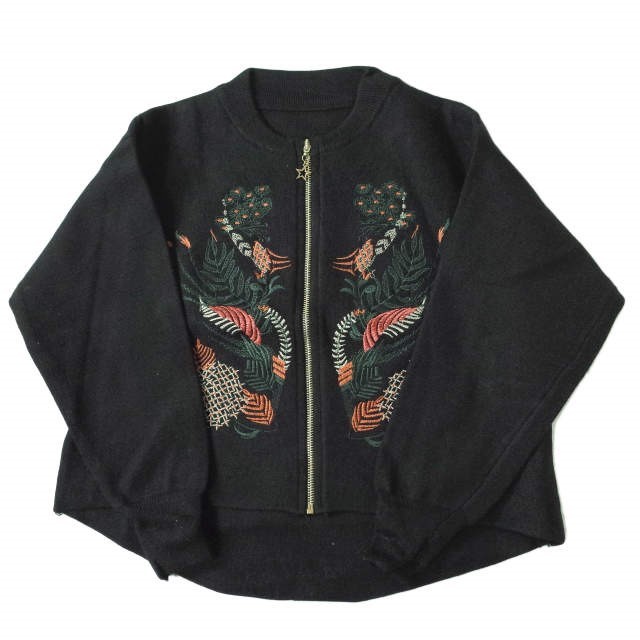 新品 no brand ノーブランド 刺繍デザイン ジップアップニットジャケット Free ブラック ブルゾン カーディガン アウター h077拍卖
