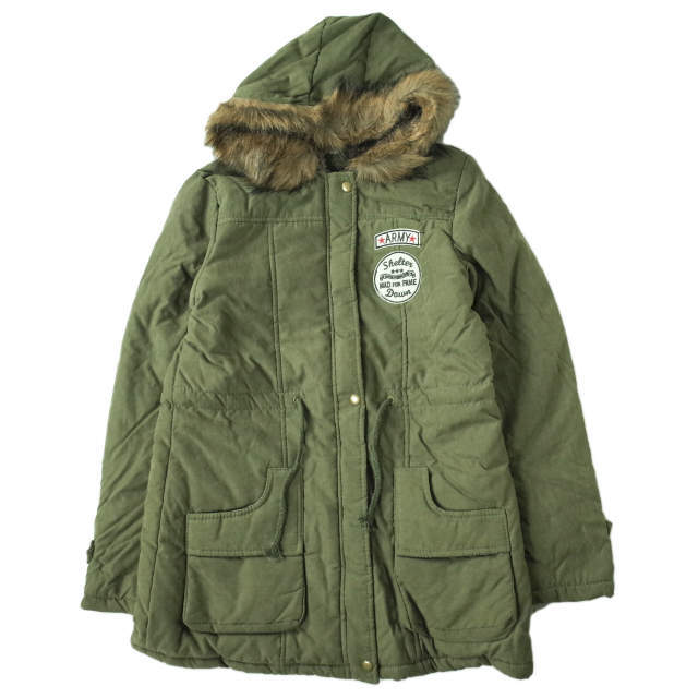 新品 no brand ノーブランド ファー付き フーデッドコート M OLIVE 裏ボア アウター h072拍卖