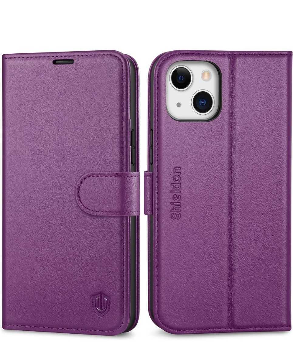 SHIELDON iPhone14 Plus ケース 手帳型 本革レザー 衝撃吸収 全面保護 TPU素材 カード収納 財布型 マグネット内蔵 2022年発売 パープル拍卖