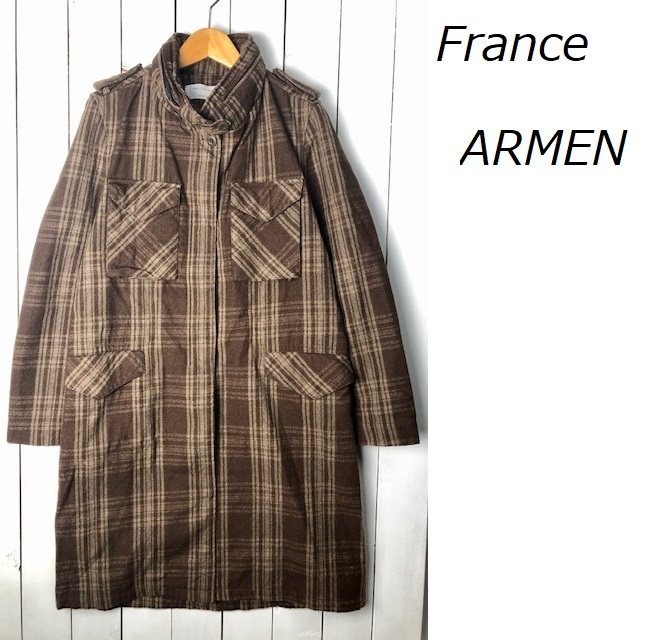フランス ARMEN アーメン チェックウールロングコート M程度 ブラウン系 フレンチワーク 秋冬 ミリタリー ●84拍卖