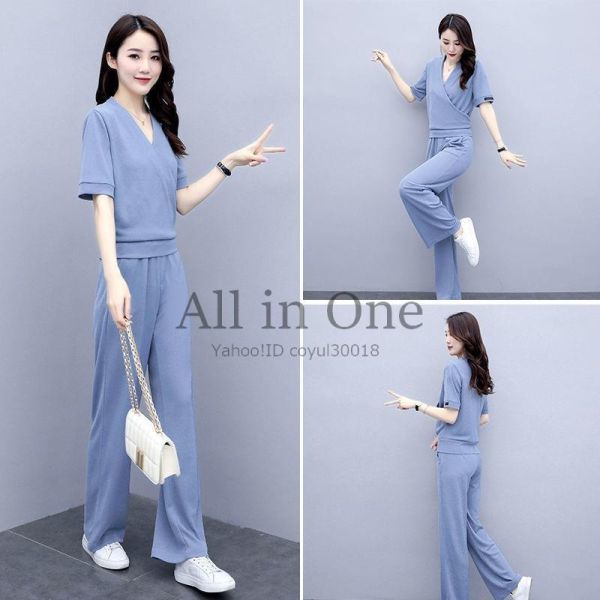 58-40-23 お得上下セット パンツ+トップス 【ブルー,2XL】新品 レディース 大きいサイズ ゆったり 女性 ワンピ ドレス .2拍卖