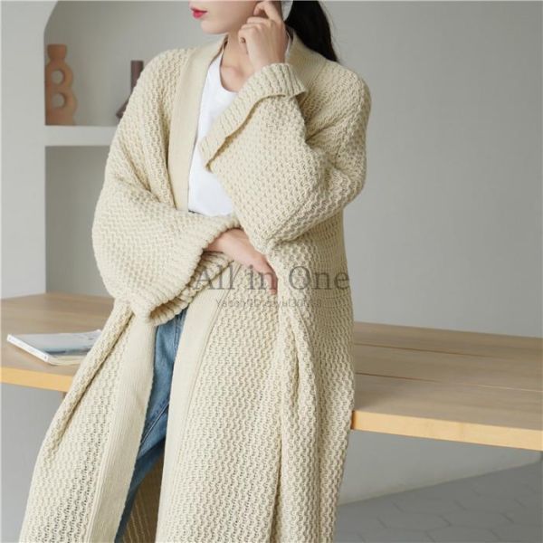 63-2-30 秋冬 ゆったりとしたロングニットカーディガン【アイボリー,大きめフリーサイズ】レディース アウター 大きいサイズ 新品 2拍卖