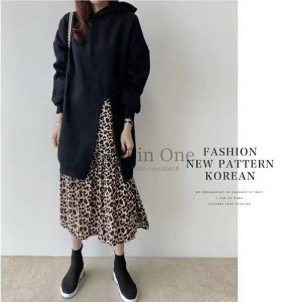 63-16-55 重ね着風 ロングワンピース パーカー アニマル柄 【ブラック,Fサイズ】大きいサイズ レディース 韓国 新品 秋 冬 アウター.2拍卖