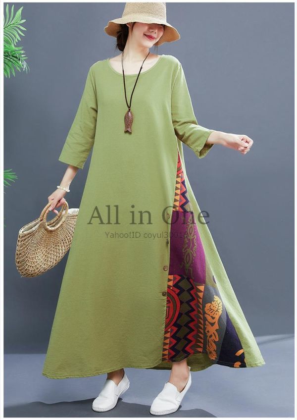 58-53-28 秋の新作 ロングワンピース 七分袖【グリーン,2XL】大きいサイズ ゆったり 新品 レディース レトロ 女性 ワンピ ドレス .2拍卖