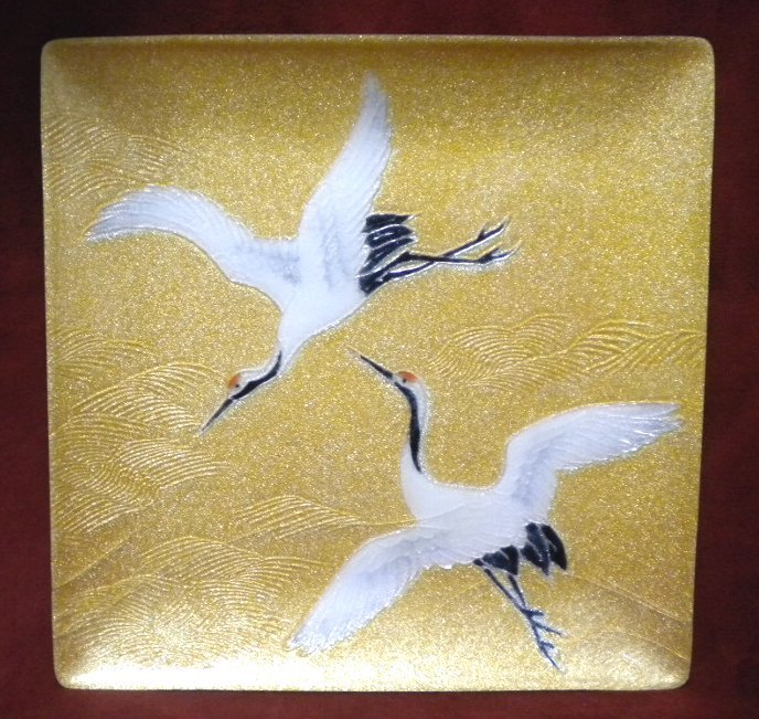 売切 七宝焼 トレー 白鶴 寸法:W176×D176×H12mm、訳有り tutanka 拍卖