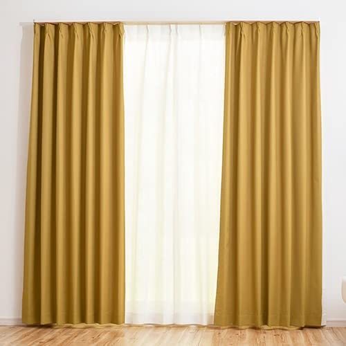 ★幅100cm丈211cm 両開き 2枚組★掃出し窓におすすめ 1.5倍ヒダ形状記憶 防炎 レザー調のエンボス加工 1級遮光カーテン マスタード拍卖