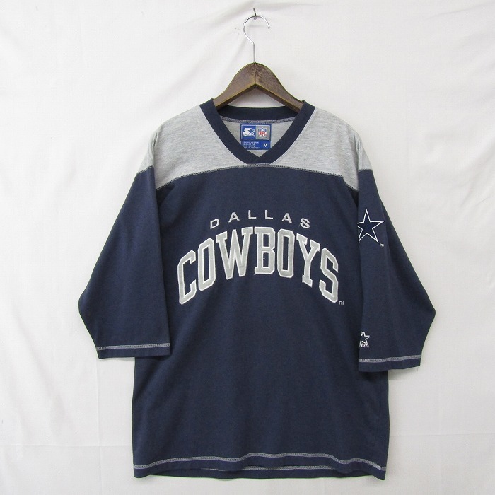 サイズ M STARTER NFL Cowboys フットボール シャツ 5分丈 バイカラー 刺繍 カットソー 長袖 グレー スターター 古着 ビンテージ 2O1372拍卖