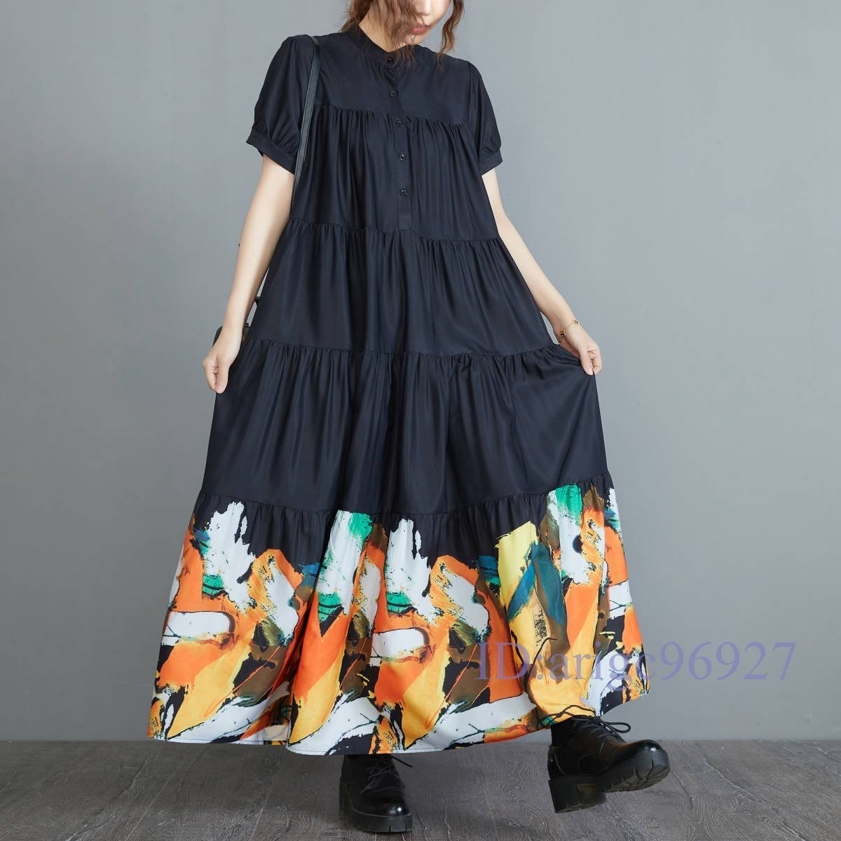 Q663☆新品春夏*レディース*カジュアル*体型カバー*Aラインプリント*切り替えゆったり大きいサイズ*半袖マキシロングワンピース*拍卖