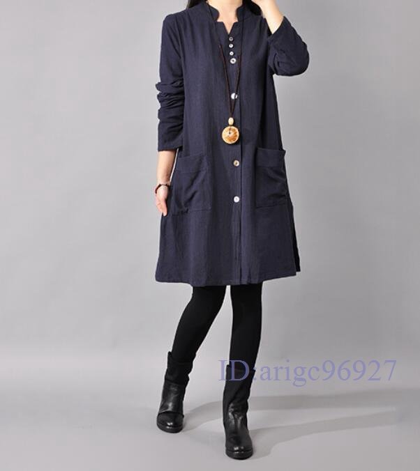 R246☆新品春秋 ナチュラル 無地コットンリネン 綿麻シャツチュニック レディース シャツワンピース M~2XLサイズ 紺選択/Lサイズ拍卖