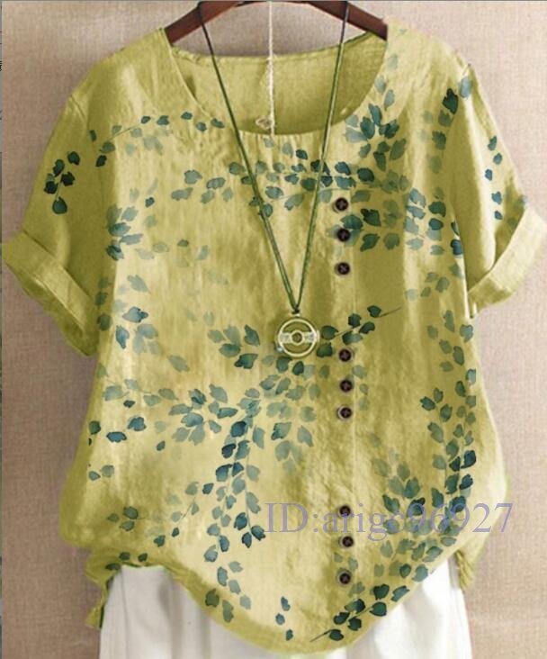 Q653☆新品M-3XLサイズ? カジュアル 大人気 綺麗のプリント柄 綿麻 ゆったり 大きいサイズ 普段着 半袖 シャツチュニック * 緑拍卖