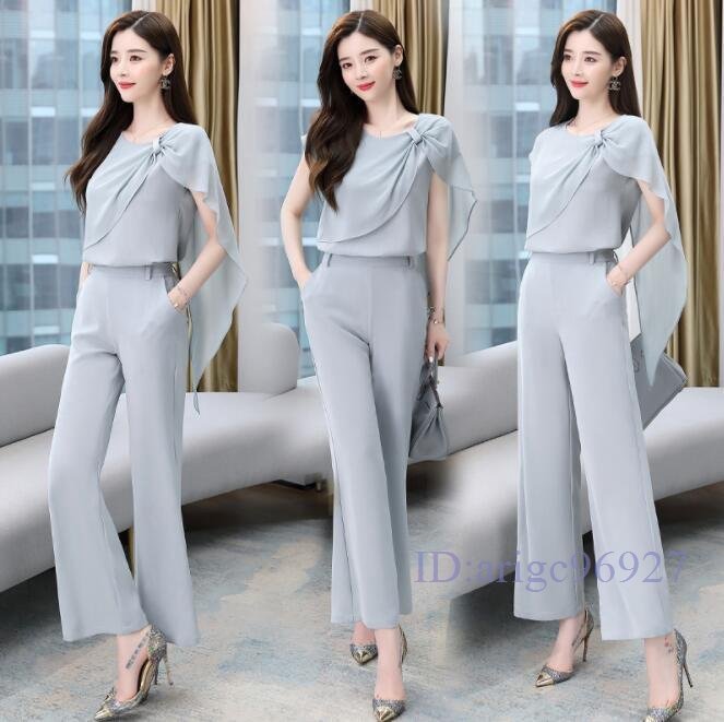 R620☆新品夏 上質 レディース上下パンツ スーツ オシャレシフォン 半袖 トップス 気質通勤大人 フォーマル ワイドパンツブルー拍卖