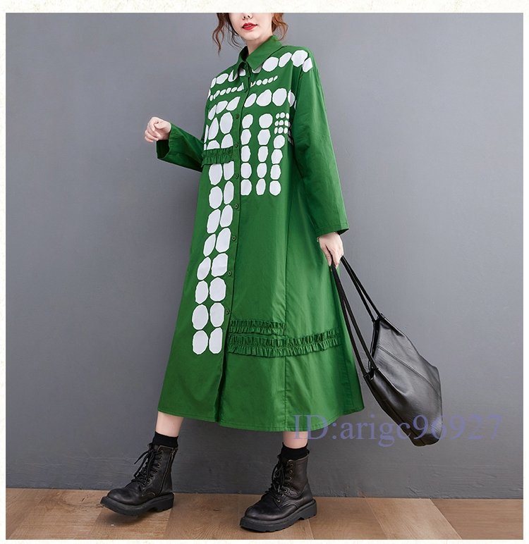 R166☆新品Lサイズ 秋 カジュアル プリント柄 20304050代 ゆったり おしゃれ 大きいサイズ 長袖 シャツロングワンピース グリーン拍卖