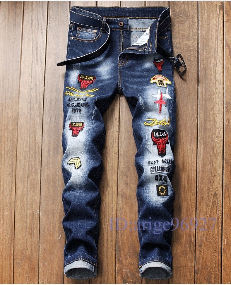 R687☆新品春夏 メンズジーンズ デニムパンツ Gパン 刺繍 ロングパンツ ストレート ウォッシュ ビンテージ加工 w28~w38 ブルー拍卖