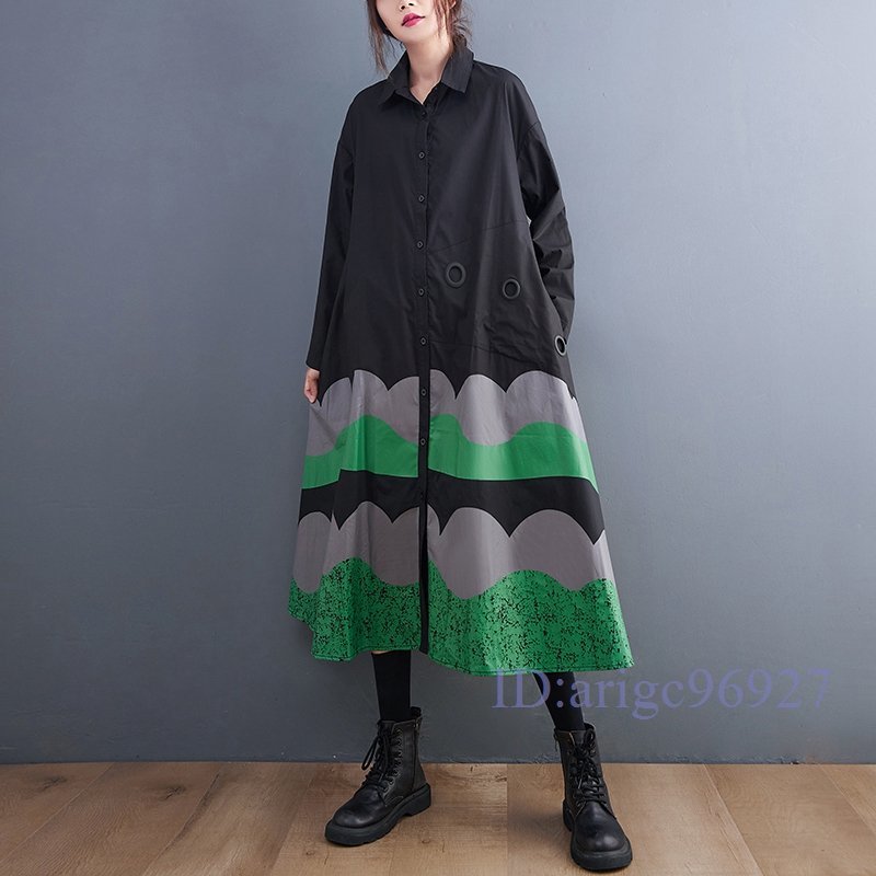 S248☆新品春秋カジュアル20304050代おしゃれプリント柄ゆったり大きいサイズ長袖シャツロングワンピースL~XLサイズ黒選択/Lサイズ拍卖