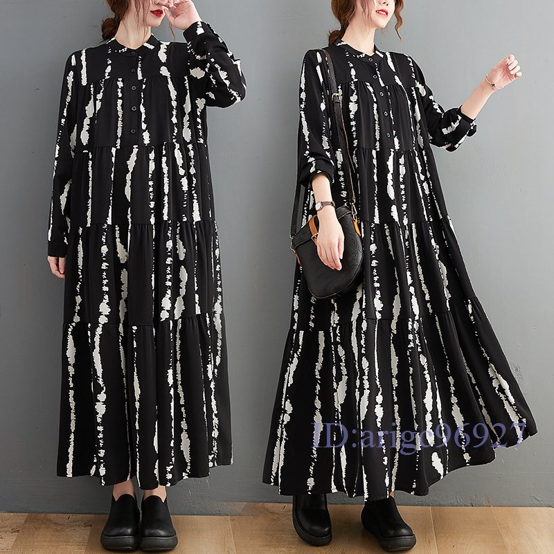 R016☆新品秋 上質 カジュアル おしゃれ 総柄 切り替えゆったり大きいサイズ 長袖ロングマキシワンピース フリーサイズ拍卖