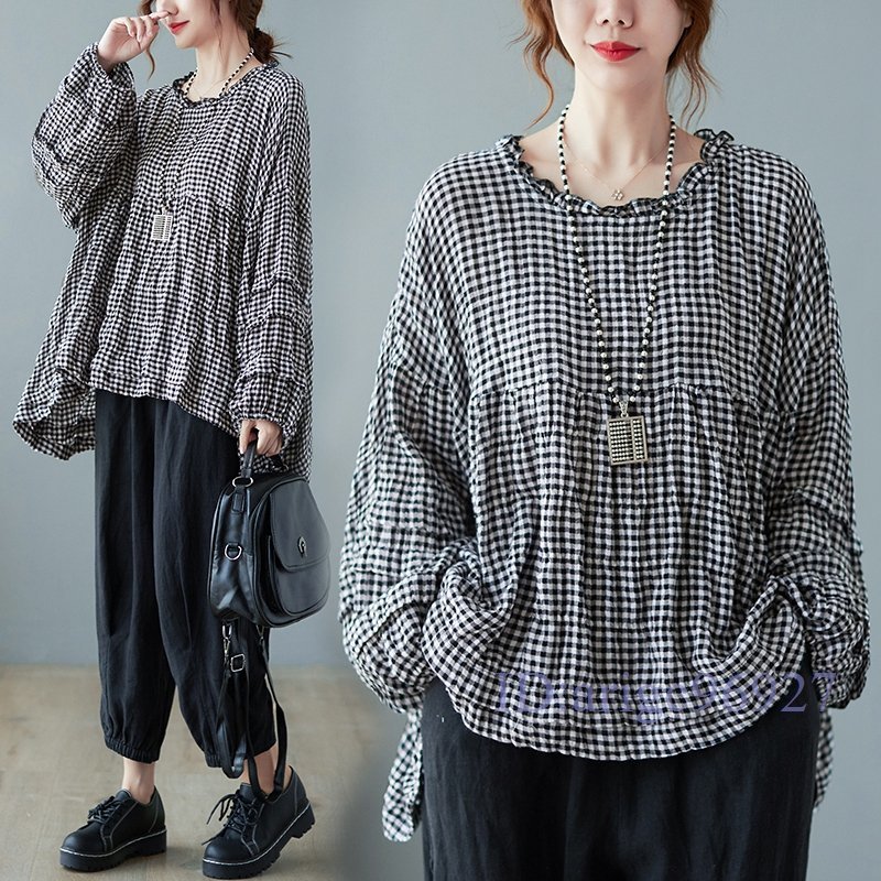R178☆新品秋 おしゃれ20304050代 チェック柄 皺加工 綿麻 ゆったり大きいサイズ長袖 シャツブラウス フリーサイズ拍卖