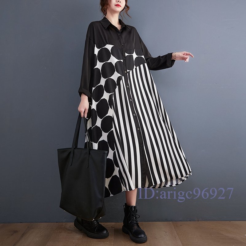 Q878☆新品春 カジュアル 可愛い水玉 ボーダー柄切り替え203040代ゆったり長袖 シャツロングワンピース フリーサイズ 上黒拍卖