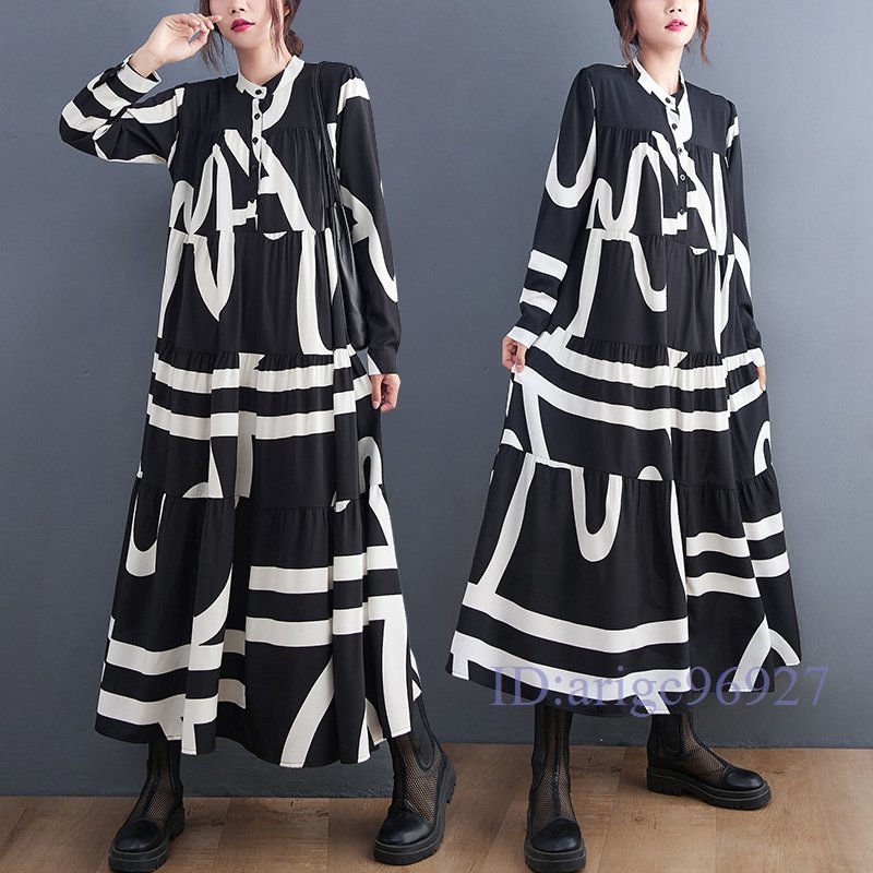 R740☆新品春 カジュアル 20304050代おしゃれ プリント柄ゆったり大きいサイズ 長袖ロングワンピース フリーサイズ 黒白拍卖