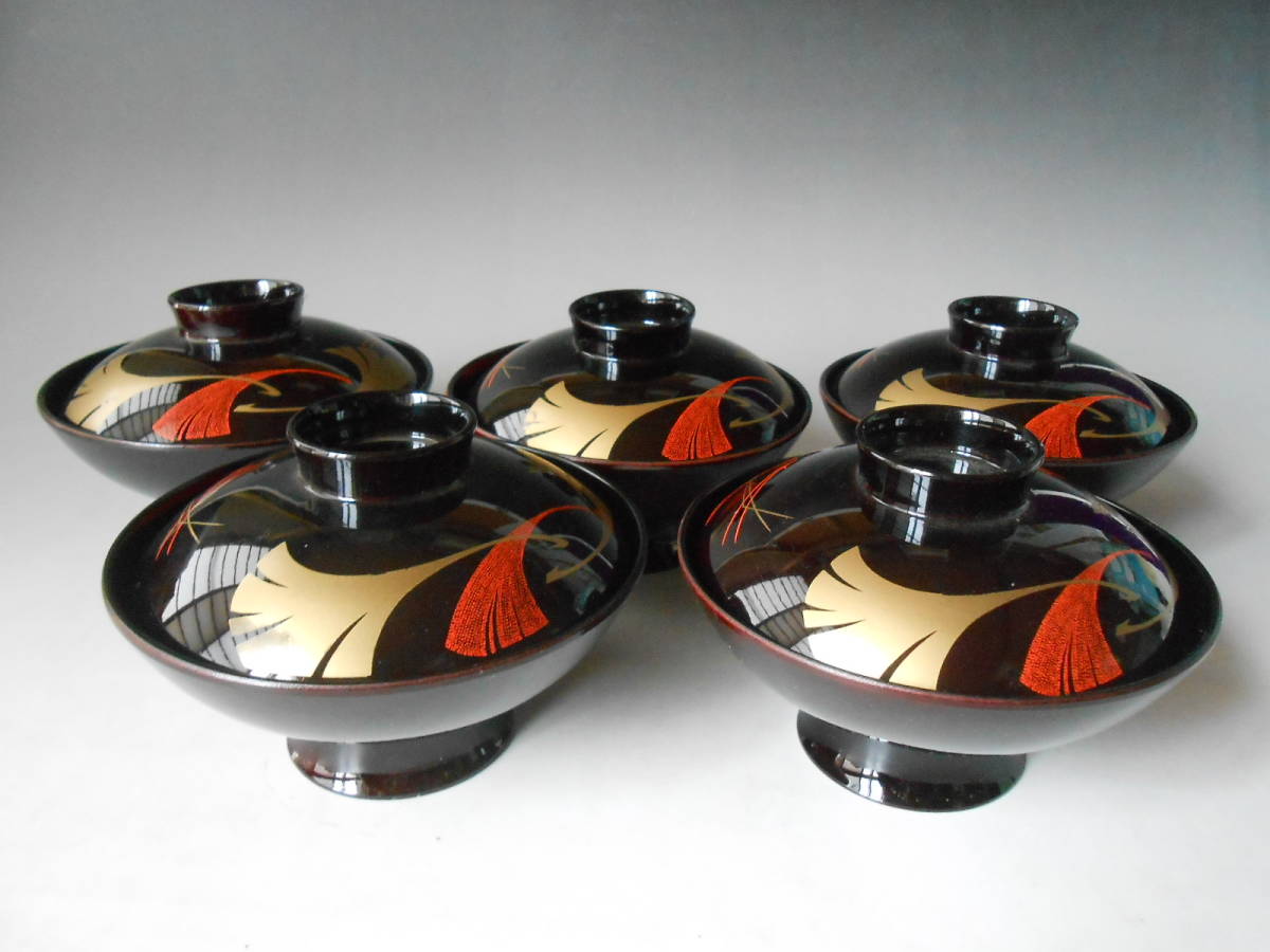 会津塗! ☆いちょう・吸い物碗5個セット☆ 未使用 汁椀 お吸い物 蓋付 盛鉢 銀杏 おもてなし拍卖