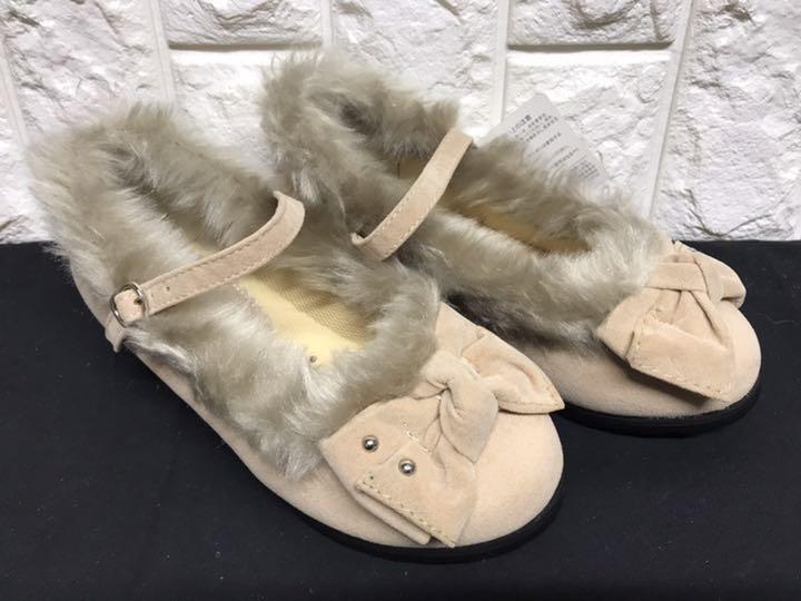 970/新品 21.0cm シンフォニック ファー ベージュ・リボン ストラップシューズ キッズ 女児拍卖