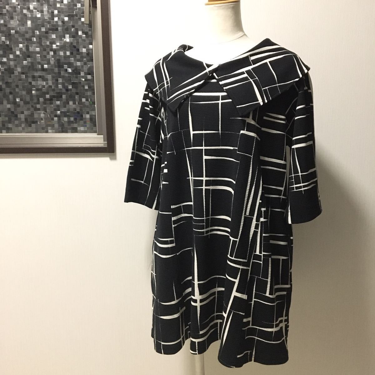 ● 美品 Piacere モノトーン レディース 襟付き ワンピース ゆったり Aライン ブラック ホワイト 約 Lサイズ 38 40 42 大きいサイズ対応 拍卖