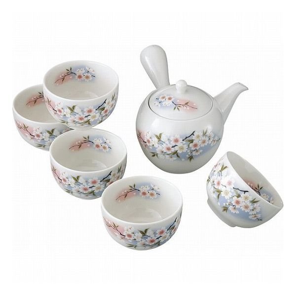 美濃焼! ☆淡墨桜・急須茶器セット☆ V4067-8 未使用 湯呑 煎茶 日本茶 ほうじ茶 茶器 ギフト拍卖