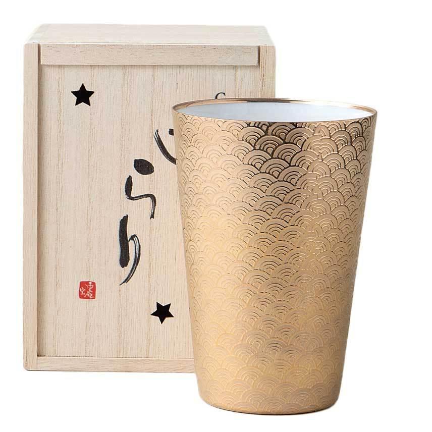 美濃焼! ☆きらり・うすはりタンブラー青海波(金)☆ V4100-2 新品 木箱焼酎杯 ビアグラス ジョッキ ドリンク カクテル 氷 ギフト 拍卖