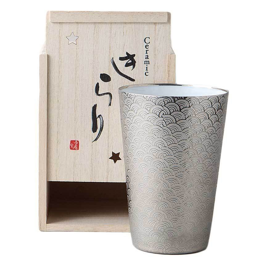 美濃焼! ☆きらり・うすはりタンブラー青海波(銀)☆ V4100-1 新品 木箱 焼酎杯 ビアグラス ジョッキ ドリンク カクテル 氷 ギフト 拍卖