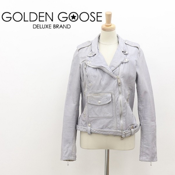 ◆GOLDEN GOOSE ゴールデングース レザー ダブル ライダース ジャケット ライトグレー XS拍卖