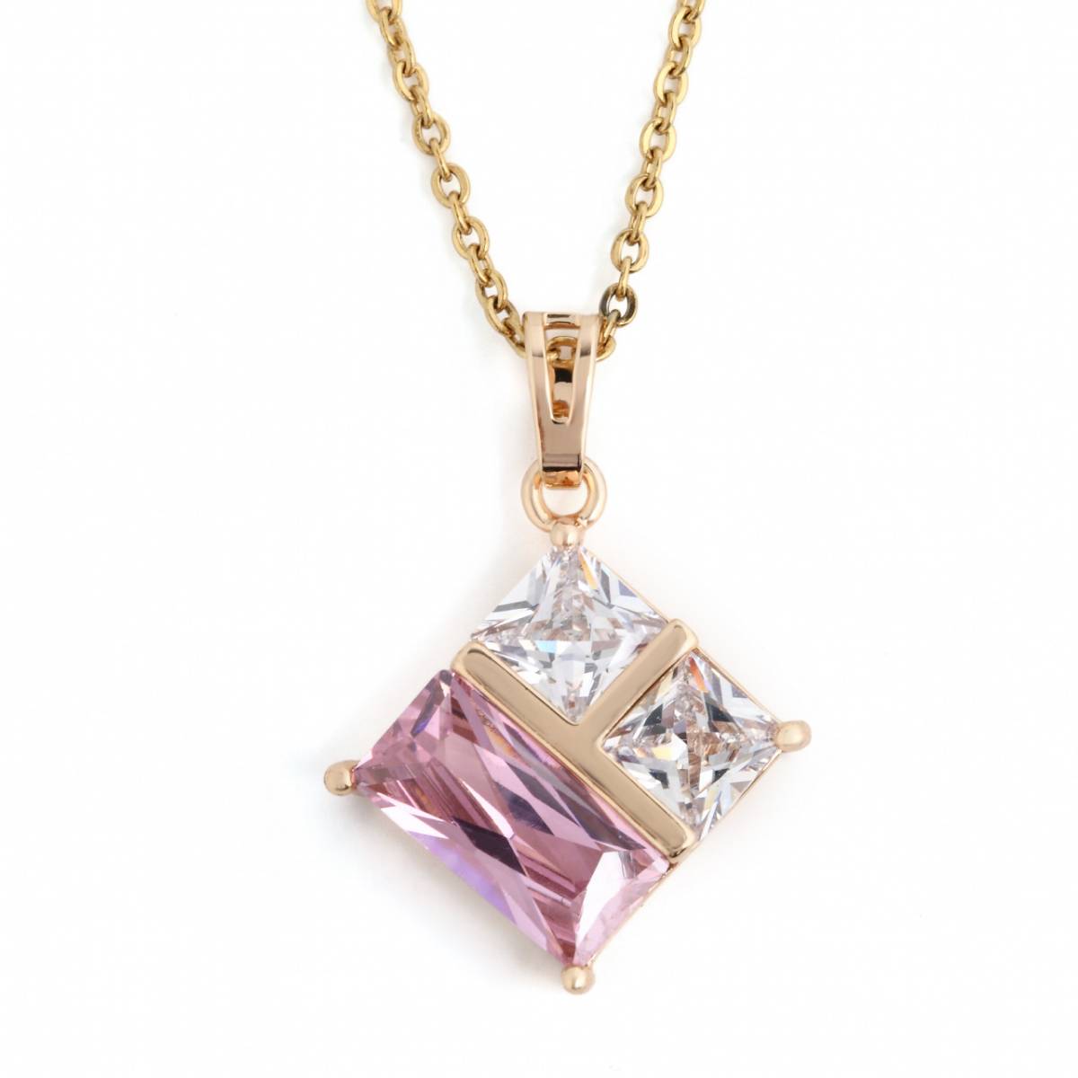 新 激安 限定 人気 レア かわいい おしゃれ CZ ステンレス ジルコニア スクエア ネックレス ペンダント アクセサリー レディース ピンク 新拍卖